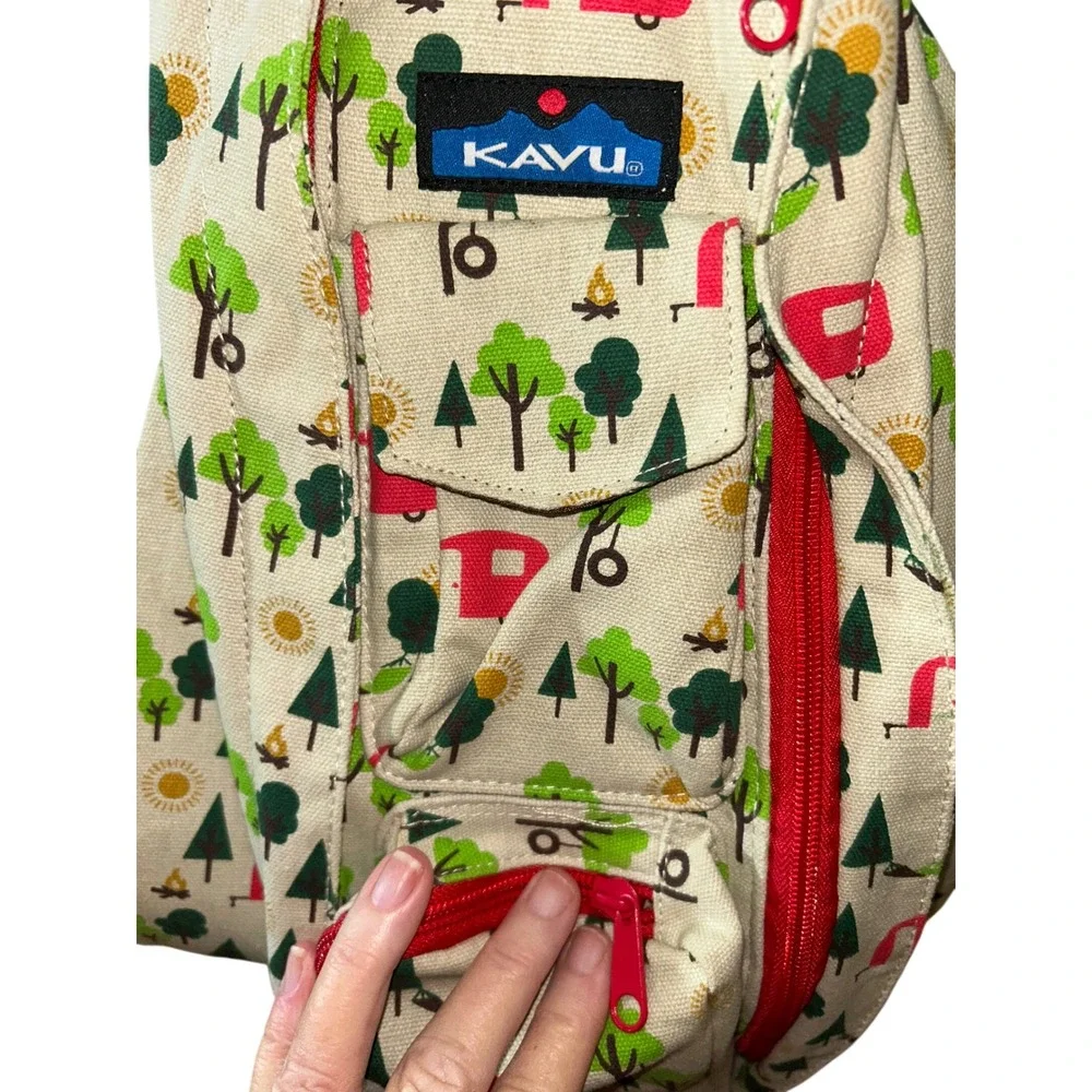 KAVU Rope Bag Sling‎ Backpack Camping Trailer Print Canvas Tan Red Green